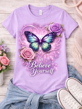 Believe Yourself Lavender Butterfly Graphic Tee - Women